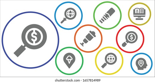 find icon set. 9 filled find icons.  Simple modern icons such as: Search, Metal detector, Pin, Spyglass, Recruitment, Location