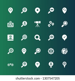 find icon set. Collection of 25 filled find icons included Pin, Search, Binoculars, Location, Visibility, Loupe, Magnifying glass, Macro, Find, Telescope, Digital map, Glass