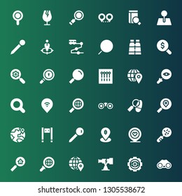 find icon set. Collection of 36 filled find icons included Binoculars, Visibility, Telescope, Location, Search, Loupe, Pin, Metal detector, Detective, Magnifying glass, Glass