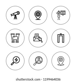 Find icon set. collection of 9 outline find icons with binoculars, detective, location, metal detector, telescope icons. editable icons.