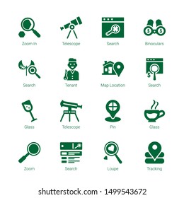 find icons. Editable 16 find icons. Included icons such as Zoom in, Telescope, Search, Binoculars, Tenant, Map location, Glass, Pin, Zoom, Loupe, Tracking. find trendy icons for web.