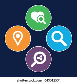 Find icons set. set of 4 find filled icons such as heart search, location, search