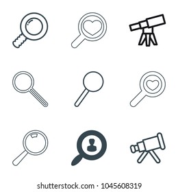 Find icons. set of 9 editable outline find icons such as user search, telescope, search, magnifier