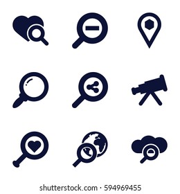 find icons set. Set of 9 find filled icons such as heart search, location, zoom out, search