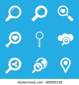 Find icons set. set of 9 find filled icons such as location, heart search, magnifier