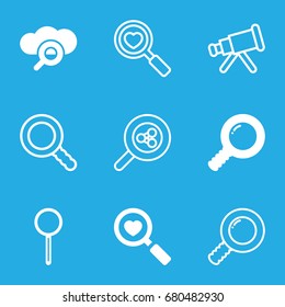 Find icons set. set of 9 find filled and outline icons such as heart search, magnifier, search