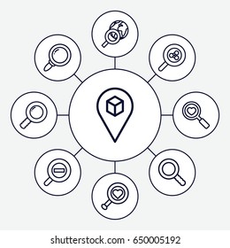 Find icons set. set of 9 find outline icons such as location, heart search, search