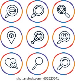 Find icons set. set of 9 find outline icons such as heart search, location, magnifier, zoom out, user search