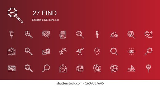 find icons set. Collection of find with candidate, explore, mobile map, location, loupe, zoom out, street map, pin, telescope, maps, zoom in. Editable and scalable find icons.