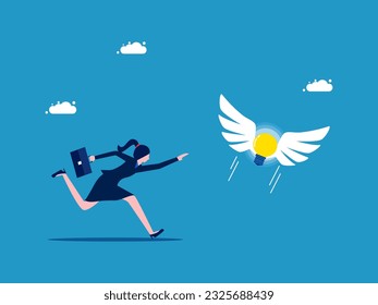 Find ideas and knowledge. Businesswoman chasing a flying light bulb