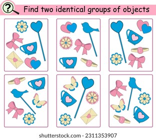 Find the identical groups of objects. Educational logical game for children with valentines day attributes. Vector illustration.