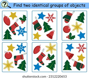 Find the identical groups of objects. Educational logical game for children christmas attributes. Vector illustration.