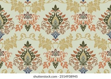 Find illustration vector abstract seamless floral pattern in damask style motifs suitable for wallpaper, tiles, clothing, curtain and fabric design isolated over beige colored background.