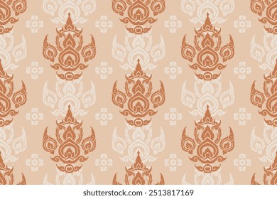 Find illustration vector floral tradition Thai art seamless pattern in damask style motifs suitable for wallpaper, tiles, clothing and fabric design isolated over beige colored background.