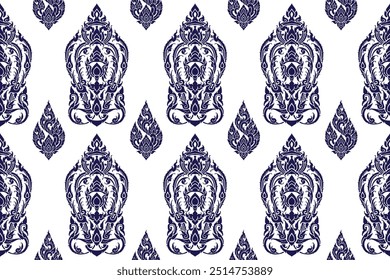 Find illustration vector seamless bold dark blue colored floral traditional Thai art pattern in damask style motifs suitable for wallpaper, fabric and tiles design isolated over white background.