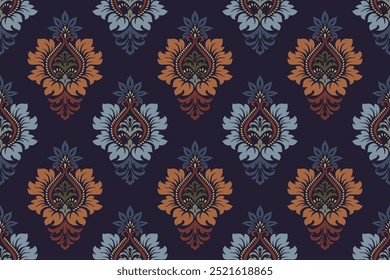 Find illustration vector seamless floral arabesque pattern in damask style motifs suitable for wallpaper, clothing, curtain, tiles and fabric design isolated over navy colored background archive EPS.