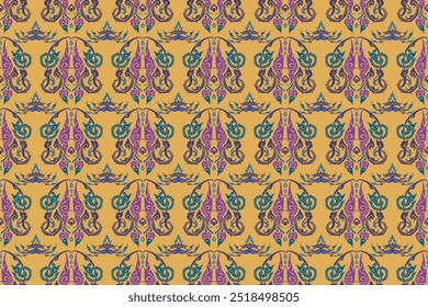 Find illustration vector seamless transition Thai art pattern in damask style motifs suitable for wallpaper, clothing, tiles and fabric design isolated in archive EPS.