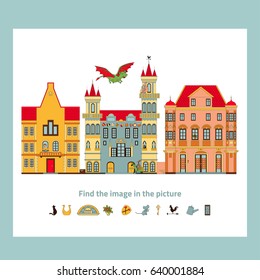 Find the image in the picture. Educational children's game. Fairy castle with princess, knight and dragon.