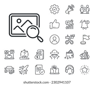 Find image or picture sign. Salaryman, gender equality and alert bell outline icons. Search photo line icon. Search photo line sign. Spy or profile placeholder icon. Online support, strike. Vector