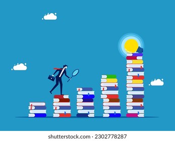 Find information and intelligence. Businessman using a magnifying glass to look at a stack of books with a light bulb