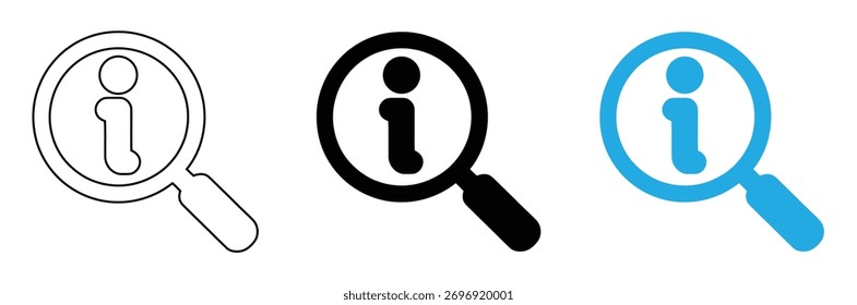 Encuentre información con estos iconos de búsqueda simples, símbolo de icono de información. Señal de información. Icono de signo de información. Icono de información Logotipo de Vector de contorno simple.  Icono de punto de información negro. Ayuda Logotipo, trazo editable