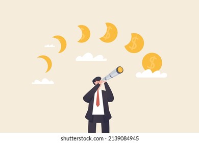 find investment opportunities financial success See how to make profits and get new ideas. Curious businessman with telescope.
