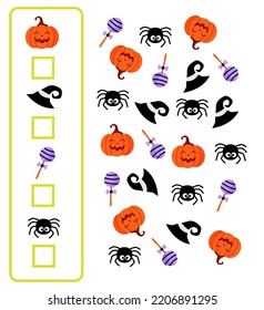 Find it, count it, write it down. Tasks for attentiveness, logic, counting.Development of a child, schoolchild, preschooler. Puzzle game.  Halloween. Children's education. 