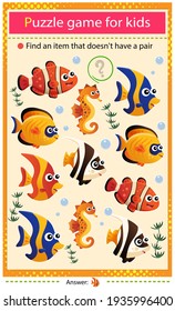 Find a item that does not have a pair. Puzzle for kids. Matching game, education game for children. Aquarium fishes. Clownfish, guppy, angelfish, seahorse. Worksheet to develop attention.