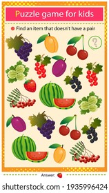 Find a item that does not have a pair. Puzzle for kids. Matching game, education game for children. Color set of berries and fruits. Worksheet to develop attention.