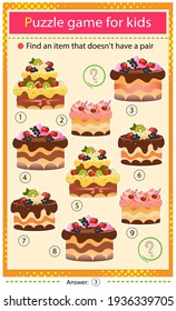 Find a item that does not have a pair. Puzzle for kids. Matching game, education game for children. Holiday cakes. Pastry and bakery. Worksheet to develop attention.