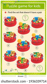 Buscar un elemento que no tenga un par. Rompecabezas para los niños. Juego de correspondencia, juego de educación para niños. Bolsa de Santa Claus con regalos, juguetes y dulces. Navidad. Año nuevo. Hoja de trabajo para desarrollar la atención.