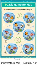 Find a item that does not have a pair. Puzzle for kids. Matching game, education game for children. Aquarium fishes. Clownfish, guppy, angelfish. Worksheet to develop attention.