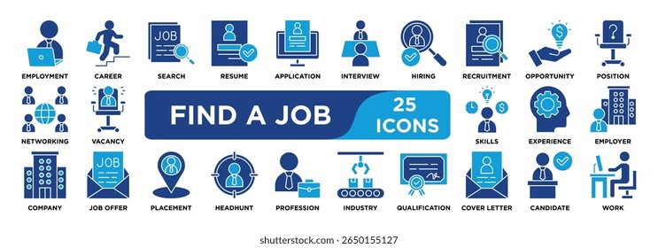 find a job con collection set. Containing employment,career,search,resume,application,interview,hiring,recruitment,opportunity,position icon. dual tone vector.	

