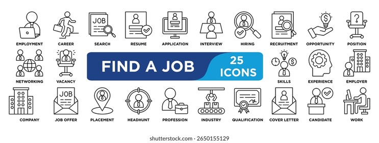 find a job con collection set. Containing employment,career,search,resume,application,interview,hiring,recruitment,opportunity,position icon. Simple line vector.	
