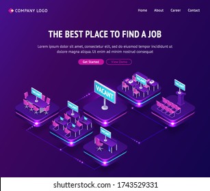 Find job, hiring agency isometric landing page, vacant places in office. Hiring human resources, job applicant, recruiting company online service, vacancy candidate resume page, 3d vector web banner