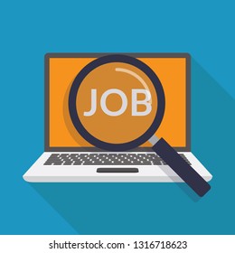 Find a job, magnifying glass, laptop, job, flat design vector illustration