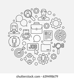 Find a job round illustration - vector circular symbol made with thin line CV, job and people icons 