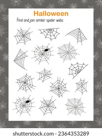 Find and join similar Halloween spider webs educational activity for children, outline hand drawn vector illustration of puzzle game, simple cartoon doodle fancy insect worksheet