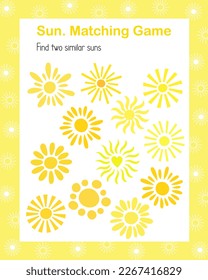 Find and join two similar suns educational activity for children simple summer vector illustration, puzzle, printable seasonal worksheet, leisure, study activity, teachers resources