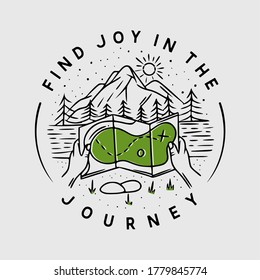 Find Joy in the journey with map and mountain vintage illustration