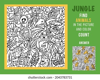 Find jungle animals, color and count. Game for kids. Children coloring. Hidden objects puzzle. Funny cartoon characters. Vector illustration.