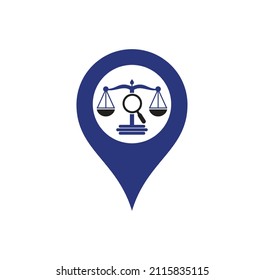 Encontrar la plantilla del vector del logotipo del punto de mapa de Justicia, conceptos de diseño del logotipo de Creative Law Firm. 