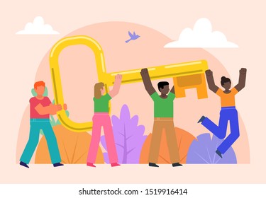 Find key, solution to problem. Group of people hold big key. Poster for social media, web page, banner, presentation. Flat design vector illustration