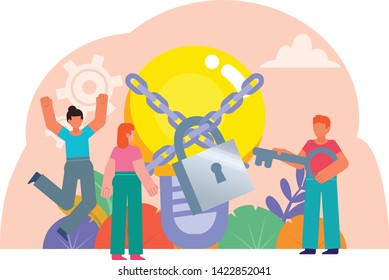 Find key, solution to success, unlock creativity. Man holds big key to open idea. Poster for web page, social media, banner, presentation. Flat design vector illustration