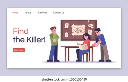 Find killer landing page vector template. Criminal quest room website interface idea with flat illustrations. Investigating murder homepage layout. Logic game web banner, webpage cartoon concept