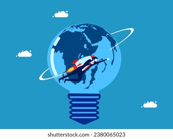 Find knowledge around the world. Businessman flies in a rocket around the world in a light bulb