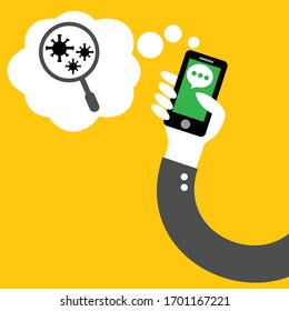 Encontrar el conocimiento del virus en el teléfono de aplicación social en mano del hombre en el vector de fondo amarillo: vector sanitario