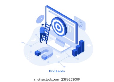 Buscar pistas de ilustración vectorial de concepto isométrico. Generar clientes potenciales de ventas, estrategia de marketing digital, crear conciencia de marca, encontrar nuevos clientes, creación de contenido, metáfora abstracta de embudo de ventas.