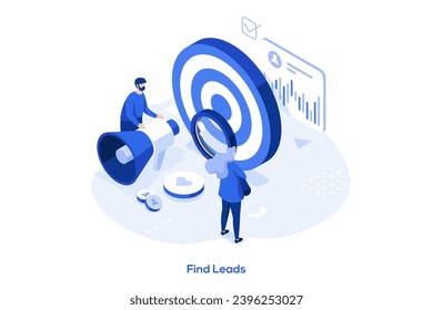 Find leads isometric concept vector illustration. Generate sales leads, digital marketing strategy, build brand awareness, find new customer, content creation, sales funnel abstract metaphor.