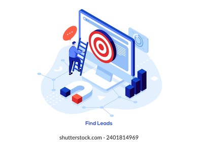 Find leads isometric concept vector illustration. Generate sales leads, digital marketing strategy, build brand awareness, find new customer, content creation, sales funnel abstract metaphor.